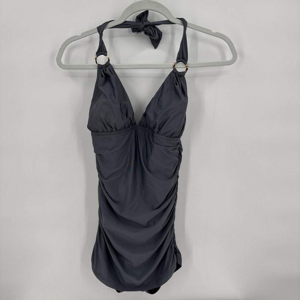 St. JOHN One Piece Halter Gray swimsuit Size 6 With Gold Hardware Removable Cup